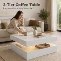 HOMCOM LED Coffee Table with Storage, 2-Tier Modern Center Table with Open Shelf and Remote for Living Room, High Gloss White(m-6)