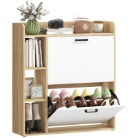 HOMCOM Shoe Cabinet with 2 Flip Drawers, 3 Side Compartments, Adjustable Shelves, 8-12 Pairs for Entryway Hallway, Natural(m-9)
