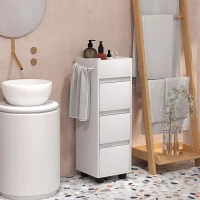 HOMCOM Slim Bathroom Cabinet, Bathroom Storage Cabinet with 4 Top Compartments, 3 Drawers & Towel Rack for Narrow Spaces, White(m-1)