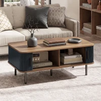 HOMCOM Nordic Side Table with Fluted Tambour Sliding Doors and Steel Legs, Coffee Table with Storage for Living Room, Black(m-1)