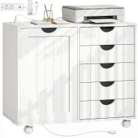 HOMCOM Mobile Lateral Filing Cabinet with 5 Drawers, Printer Stand with Power Outlets and USB Ports for Home Office, White(m-9)