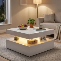 HOMCOM LED Coffee Table with Storage, 2-Tier Modern Center Table with Open Shelf and Remote for Living Room, High Gloss White(m-8)