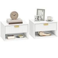 HOMCOM Set of 2 Wall Mounted Bedside Tables, Floating Nightstands with Fluted Drawer and Open Shelf for Bedroom, White(m-9)