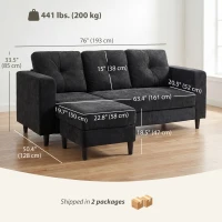 HOMCOM Sectional Sofa, L Shaped Couch with Changeable Chaise, Wooden Legs, Black(m-3)