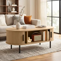 HOMCOM Coffee Table with Sliding Tambour Doors and Storage Center Table with Metal Legs, 39", Natural(m-1)