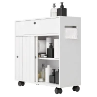 kleankin Toilet Paper Cabinet, Slim Bathroom Cabinet with 4 Rolling Wheels, Small Bathroom Storage Cabinet with Paper Holes, Sliding Doors and Adjustable Shelf for Small Space, White(m-11)
