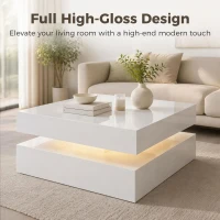 HOMCOM LED Coffee Table with Storage, 2-Tier Modern Center Table with Open Shelf and Remote for Living Room, High Gloss White(m-5)