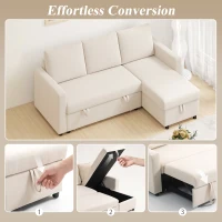 HOMCOM 83" Sofa Bed, Pull Out Sleeper L Shaped Sectional Couch with Reversible Storage Chaise, Wide and Deep Seat, Cream White(m-4)