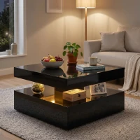 HOMCOM LED Coffee Table with Storage, 2-Tier Modern Center Table with Open Shelf and Remote for Living Room, High Gloss Black(m-8)