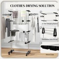 HOMCOM Garment Drying Rack Stainless Steel Folding Clothes Hanging Rack with Side Wings Castors for Indoor Outdoor Black(m-5)