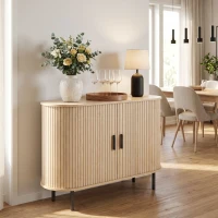 HOMCOM Sideboard Buffet Cabinet with Curved Tambour Doors and Storage, Natural Wood(m-8)