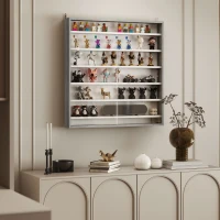 HOMCOM 7-Tier Display Cabinet, Shot Glass Display Case, Glass Curio Cabinet with 2 Glass Doors and 6 Adjustable Shelves, Grey(m-1)