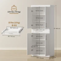 HOMCOM 72" Storage Cabinet, Freestanding Kitchen Pantry Cabinet with 4 Doors, Drawer and 3 Adjustable Shelves, White(m-4)