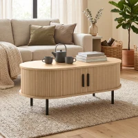 HOMCOM Coffee Table with Sliding Tambour Doors and Storage Center Table with Metal Legs, 39", Natural(m-8)