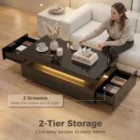 HOMCOM LED Coffee Table with Storage, 2-Tier Modern Center Table with 2 Drawers for Living Room, High Gloss Black(m-6)