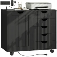 HOMCOM Mobile Lateral Filing Cabinet with 5 Drawers, Printer Stand with Power Outlets and USB Ports for Home Office, Black(m-9)