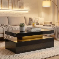 HOMCOM LED Coffee Table with Storage, 2-Tier Modern Center Table with 2 Drawers for Living Room, High Gloss Black(m-1)