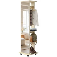 HOMCOM 15" x 62" Full Length Mirror, Tempered Glass Floor Mirror on Wheels with Storage Shelves, Coat Hangers, Natural Wood(m-2)