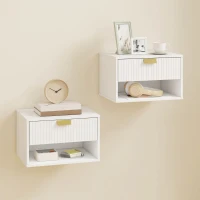HOMCOM Set of 2 Wall Mounted Bedside Tables, Floating Nightstands with Fluted Drawer and Open Shelf for Bedroom, White(m-1)