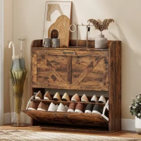 HOMCOM Narrow Shoe Storage Cabinet, Farmhouse Slim Shoe Cabinet with 2 Flip Drawers, Adjustable Shelves, Rustic Brown(m-1)