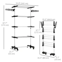 HOMCOM Garment Drying Rack Stainless Steel Folding Clothes Hanging Rack with Side Wings Castors for Indoor Outdoor Black(m-3)