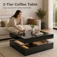 HOMCOM LED Coffee Table with Storage, 2-Tier Modern Center Table with Open Shelf and Remote for Living Room, High Gloss Black(m-6)