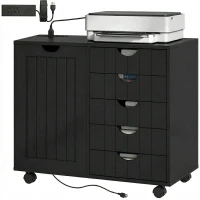 HOMCOM Mobile Lateral Filing Cabinet with 5 Drawers, Printer Stand with Power Outlets and USB Ports for Home Office, Black(m-2)