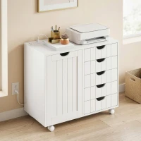HOMCOM Mobile Lateral Filing Cabinet with 5 Drawers, Printer Stand with Power Outlets and USB Ports for Home Office, White(m-1)
