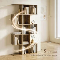 HOMCOM 5-Tier Bookshelf, S Shaped Geometric Bookcase with 15 Compartments, Rustic Brown(m-4)