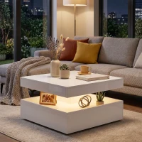 HOMCOM LED Coffee Table with Storage, 2-Tier Modern Center Table with Open Shelf and Remote for Living Room, High Gloss White(m-1)