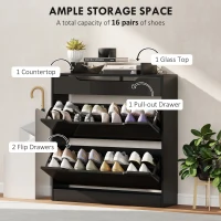 HOMCOM High Gloss Shoe Cabinet with 2 Flip Drawers and Adjustable Shelves, Narrow Shoe Storage Cabinet with Glass Top, Black(m-4)