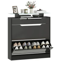 HOMCOM High Gloss Shoe Cabinet with 2 Flip Drawers and Adjustable Shelves, Narrow Shoe Storage Cabinet with Glass Top, Black(m-9)