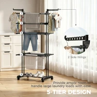 HOMCOM 5-Tier Clothes Drying Rack, Foldable Laundry Drying Rack with Wheels, Side Wings, Black(m-4)
