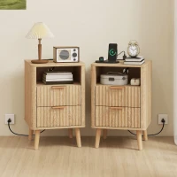 HOMCOM Nightstands Set of 2, Modern Bedside Tables with Charging Station, 2 Drawers and Open Shelf, Oak(m-1)