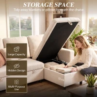 HOMCOM 83" Sofa Bed, Pull Out Sleeper L Shaped Sectional Couch with Reversible Storage Chaise, Wide and Deep Seat, Cream White(m-6)