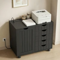 HOMCOM Mobile Lateral Filing Cabinet with 5 Drawers, Printer Stand with Power Outlets and USB Ports for Home Office, Black(m-8)