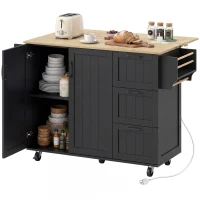HOMCOM Kitchen Island with Drop Leaf, Rolling Kitchen Cart with Power Outlet, Cabinet, 3 Drawers, Spice Rack, Towel Bar, Black(m-9)