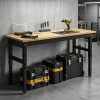 HOMCOM 48" Adjustable Workbench, Heavy Duty Work Table with Rubber Wood Top, Power Outlets, Pegboard, 2000 LBS Capacity(m-8)