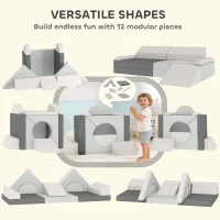 Qaba 12 PCS Modular Kids Play Couch, Child Sectional Sofa for Toddlers, Convertible Foam and Floor Cushion, Grey(m-4)