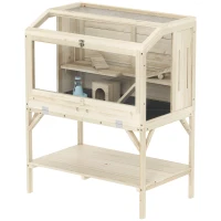 PawHut Wooden Hamster Cage with Openable Top, Water Bottle, Transparent Panels for Syrian, Dwarf Hamsters and Gerbils, Natural(m-2)