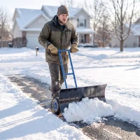 Outsunny Snow Shovel with Wheels, 29" Metal Snow Pusher with Adjustable Handle, 7-Angle Blade, Wear Strip for Driveway, Blue(m-9)