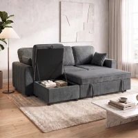HOMCOM Modular Sectional Sofa Bed with Reversible Storage Ottoman, Pull Out Sleeper Sofa with Spring Cushion, Dark Grey(m-1)