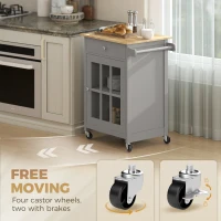 HOMCOM Rolling Kitchen Cart with Drawer and Glass Door Cabinet, Kitchen Island on Wheels with Towel Rack, Dark Grey(m-5)