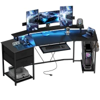 HOMCOM 79 inch Gaming Desk with RGB Lights, Computer Table with Power Outlets & USB Ports, Keyboard Tray and 2 Drawers, Black(m-9)