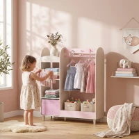 Qaba Kids Clothing Rack, Kids Wardrobe with Glowing Lights Mirror, Non-Woven Drawer and Shelves for Bedroom, Ages 3-8, Pink(m-8)