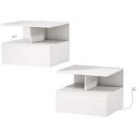 HOMCOM Floating Nightstand Set of 2, Wall Mounted Bedside Table with with Power Outlets, Drawer and Shelf, White(m-2)