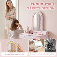 Qaba Kids Dressing Table, Girls Vanity Set with Stool, 3-Colour LED Lights Mirror, Large Drawer for Ages 3-8, Pink(m-6)
