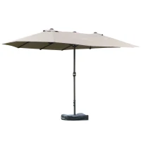 Outsunny 15' Outdoor Patio Umbrella with Twin Canopy Sunshade Steel Table Umbrella w/ Lift Crank, Cross base, Sandbag, Light Grey(m-9)