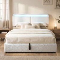 HOMCOM Queen Size Bed Frame with Charging Station, LED Lights, Adjustable Headboard, Upholstered Platform Bed Frame White(m-8)
