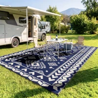 Outsunny Reversible Outdoor Rug, Waterproof Plastic Straw with Carry Bag, 9' x 18', Blue & White Rhombus Patchwork(m-10)